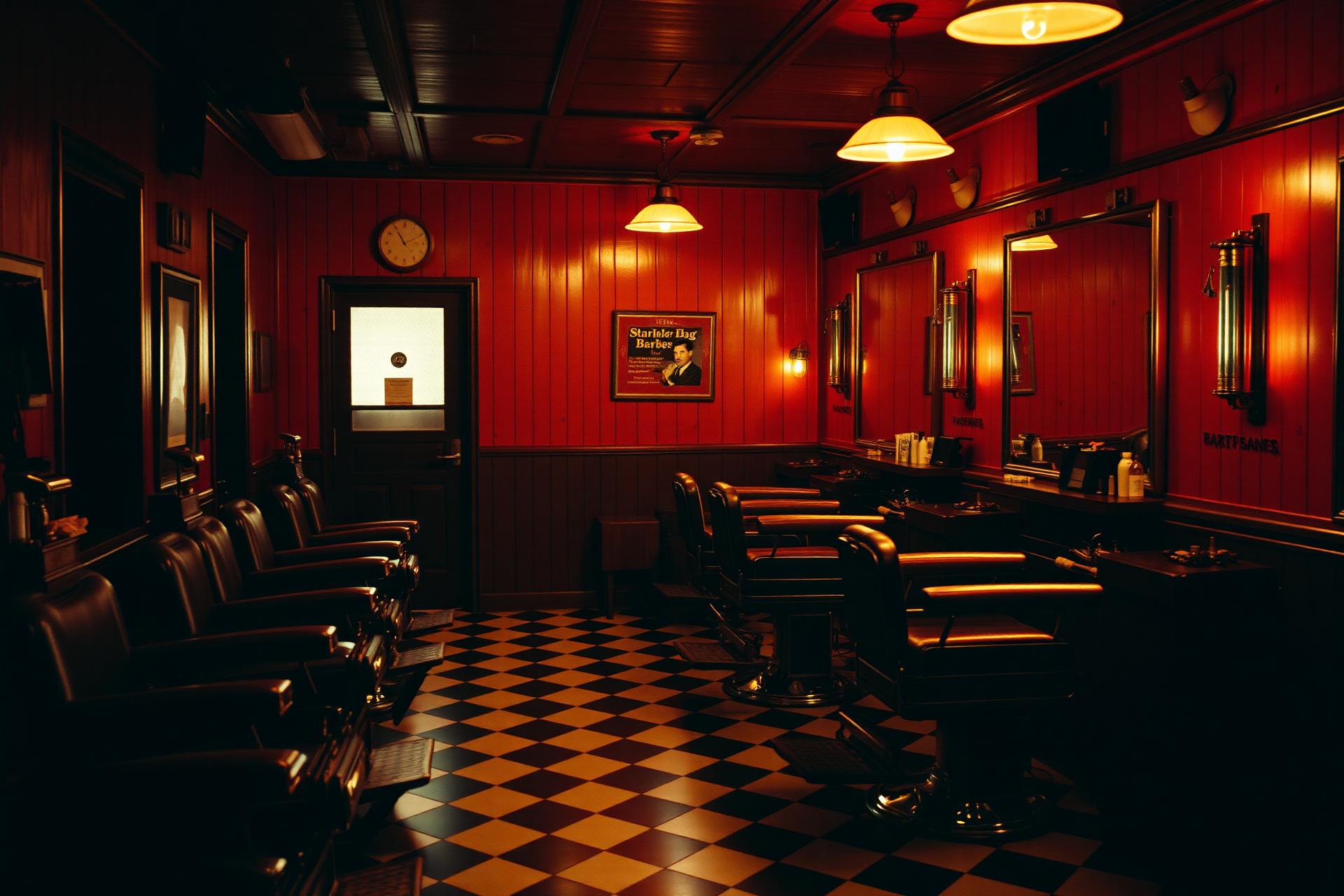 Interior of a classic old-school barbershop with checkered floor and leather chairs