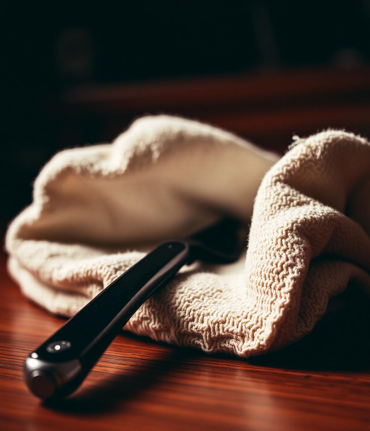 Straight razor and hot towel on a wooden barbershop counter